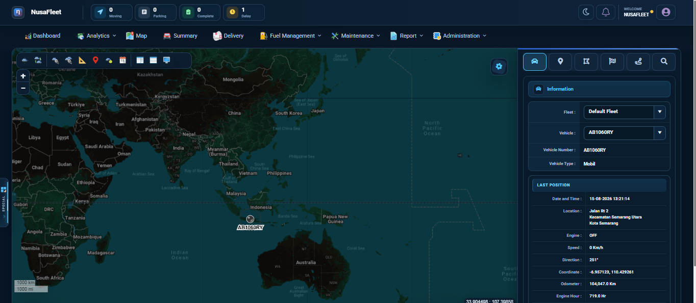 Full NusaFleet live vehicle map and vehicle information panel