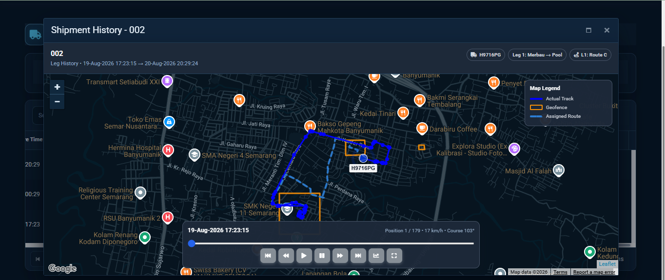 NusaFleet shipment history map with route playback controls